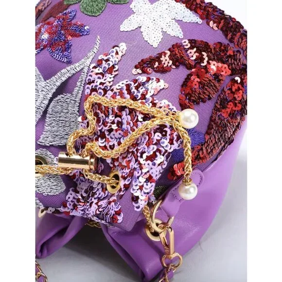 Floral Sequin Bucket Bag Gold Chain Bird Motif Crossbody - Picture 3 of 9